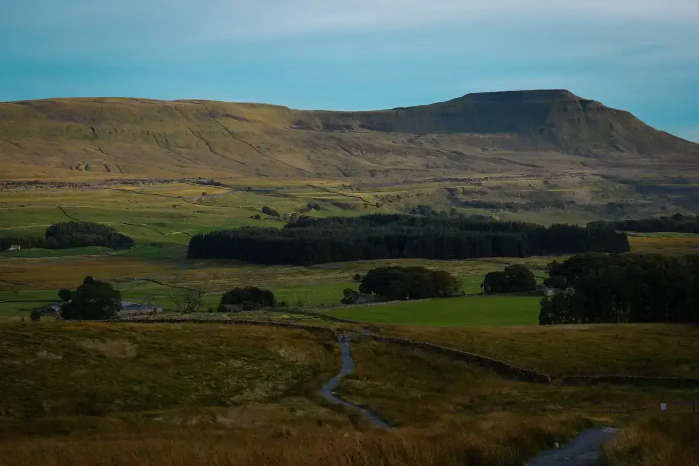Picturesque landscape of Ingleborough, a prominent peak in England's Yorkshire Dales, during daytime.