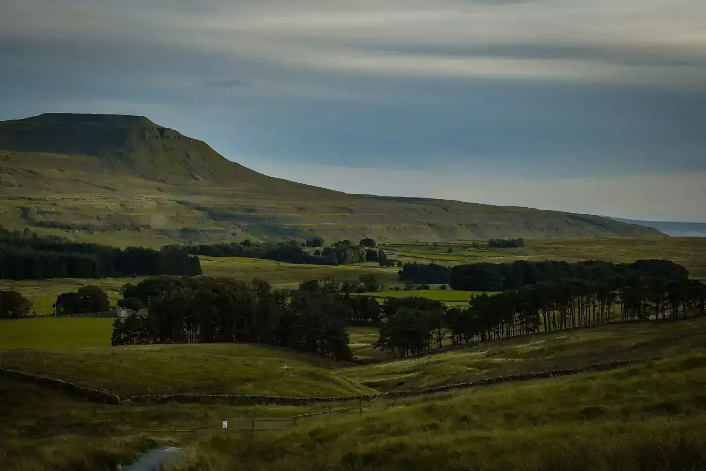 Scenic landscape of Ingleborough mountain in the Yorkshire Dales, England, during an overcast day.