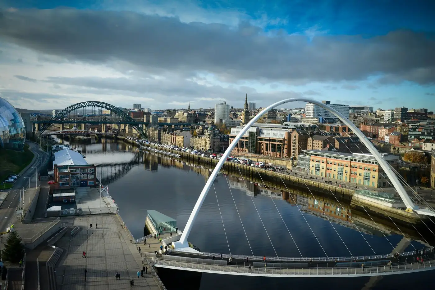 Stunning aerial view of bridges over the River Tyne in Newcastle, capturing urban architecture and vibrant skyline.