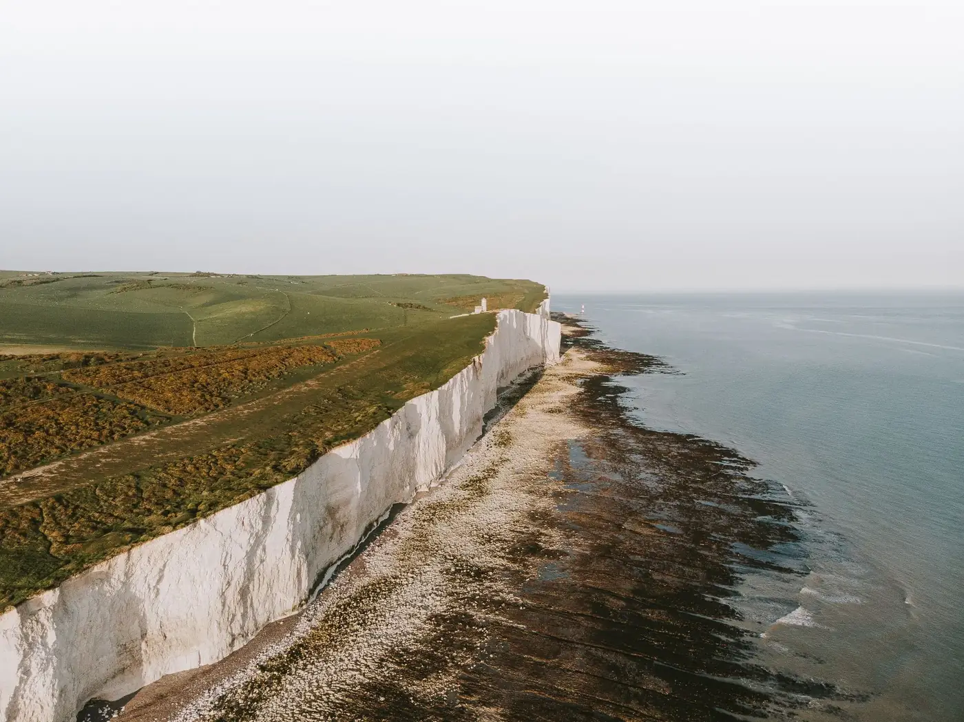 Breathtaking aerial shot of expansive white chalk cliffs along a serene seashore.